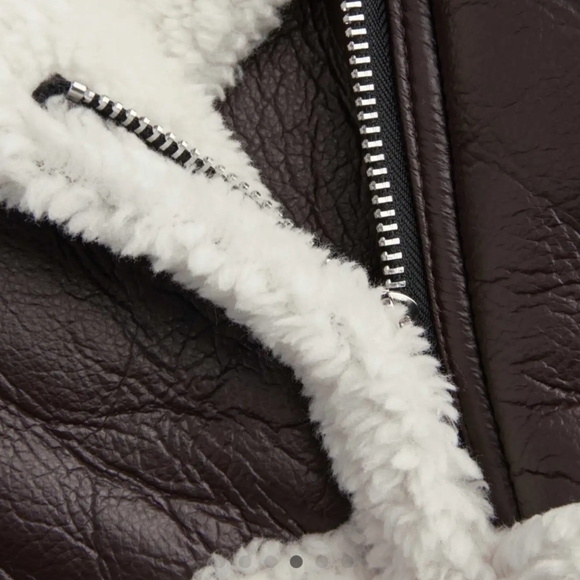 CIDER BROWN FAUX LEATHER & FLEECE CROPPED BIKER JACKET COAT MEDIUM NWT - Picture 4 of 10